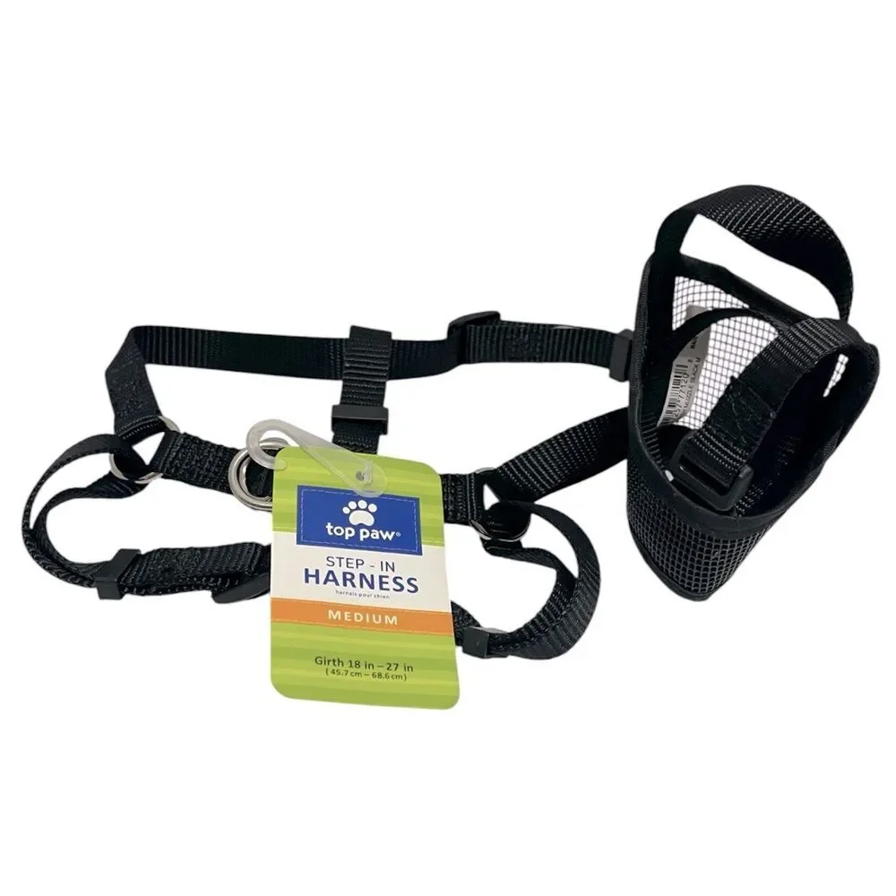 Top Paw Step-In Harness Black Size Medium Plus Mesh Muzzle
